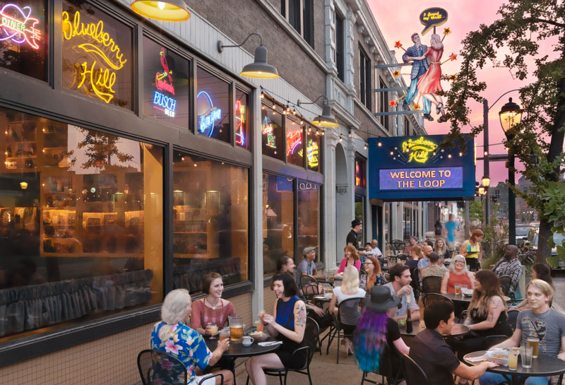 Blueberry Hill exterior patio seating in the evening